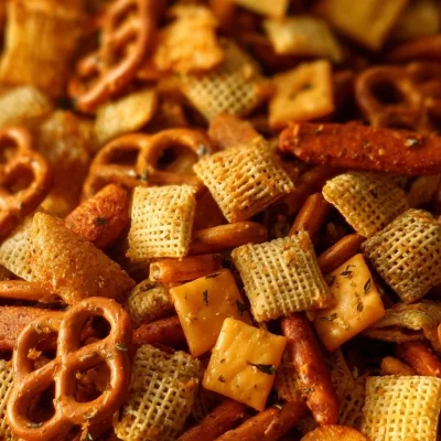 Delicious homemade Cheddar Chex Mix in a bowl, perfect for snacking.