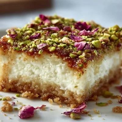 Greek honey pistachio cheesecake bars topped with crushed pistachios