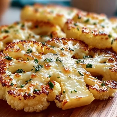 Cheesy Cauliflower Steaks ready to serve, topped with melted cheese and herbs.