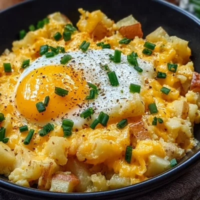 Cheesy potato egg scramble served on a plate with herbs and cheese