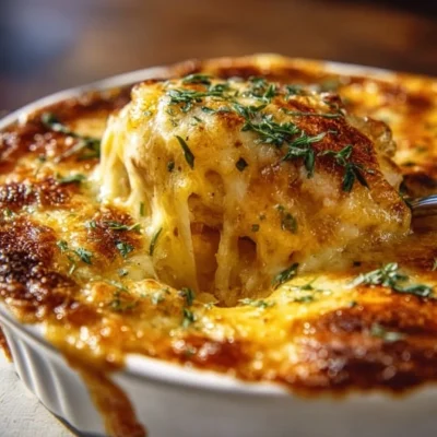 Cheesy spaghetti squash casserole topped with melted cheese and fresh herbs
