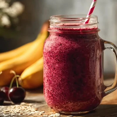 A vibrant cherry smoothie in a glass with fresh cherries and mint leaves.