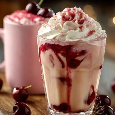 A steaming cup of Cherry Vanilla Tea Latte with a cherry and vanilla infusion.