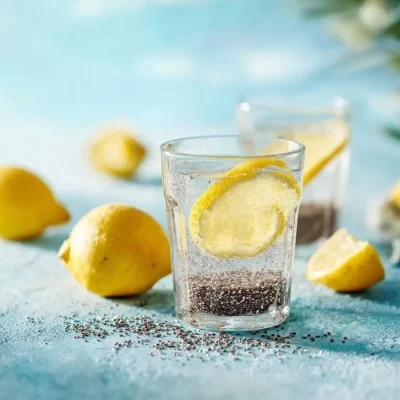 A glass of refreshing chia seed water with mint leaves and lemon slices