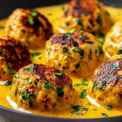 Chickpea and carrot patties in coconut curry sauce on a plate.