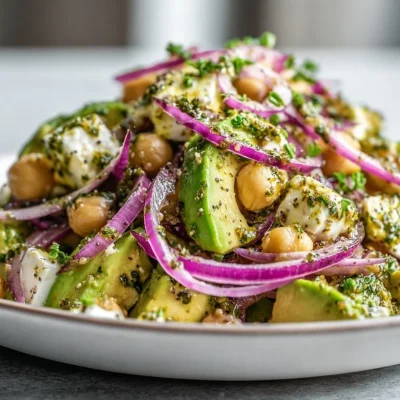 Chickpea Feta Avocado Salad served in a bowl garnished with fresh herbs