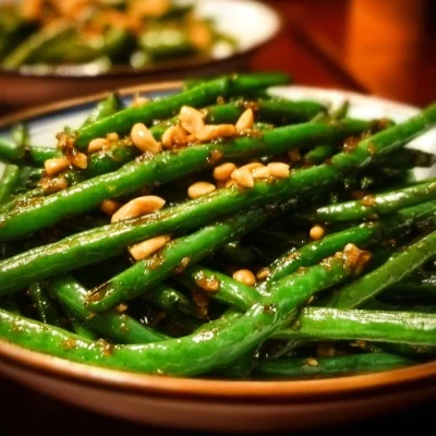 Plate of Chinese green beans sautéed with garlic sauce