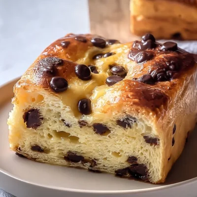 Freshly baked Chocolate Chip Brioche with Vanilla Custard on a plate