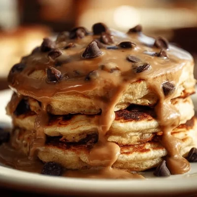 Delicious Chocolate Chip Coffee Pancakes stacked and topped with syrup.