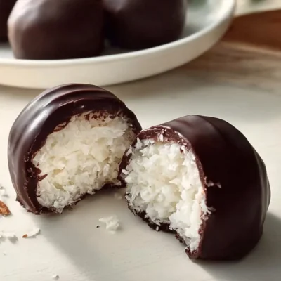 Delicious homemade Chocolate Coconut Bites on a wooden surface