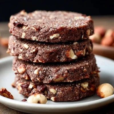 Freshly baked chocolate hazelnut shortbread cookies on a plate