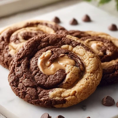 Freshly baked chocolate peanut butter cookies on a cooling rack