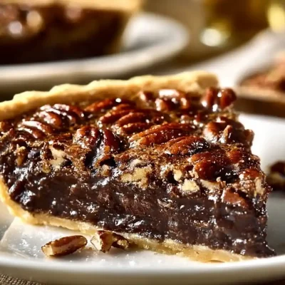 Delicious Texas Chocolate Pecan Pie topped with pecans and chocolate filling.