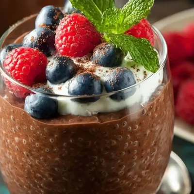 Chocolate protein chia pudding in a bowl topped with fruit and nuts.