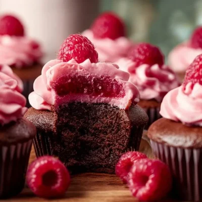 Delicious chocolate raspberry cupcakes topped with fresh raspberries and chocolate frosting.