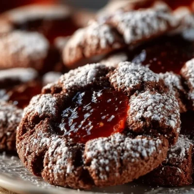 Delicious plate of chocolate thumbprint cookies filled with rich chocolate ganache