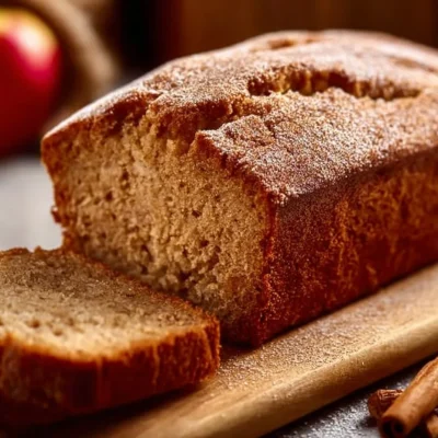 Loaf of cinnamon applesauce bread freshly baked and served on a wooden board.