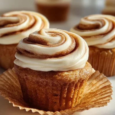 Delicious cinnamon roll cupcakes topped with cinnamon frosting.