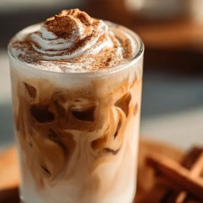 A cup of Cinnamon Roll Protein Coffee with a cinnamon roll on the side