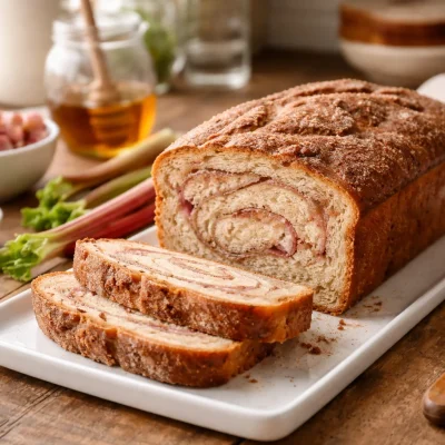 Cinnamon Swirl Rhubarb Bread with a ribbon of cinnamon and fresh rhubarb