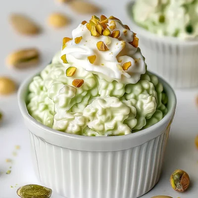 classic watergate salad with cottage cheese, creamy pistachio dessert in a glass bowl