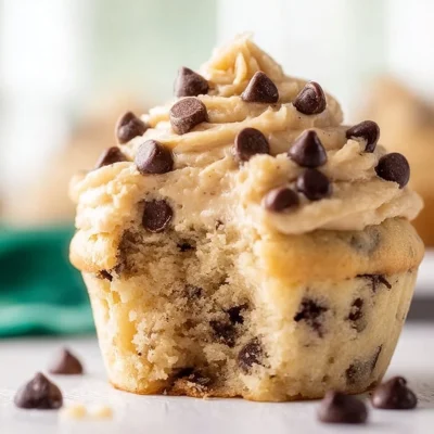 Delicious cookie dough cupcakes topped with frosting and cookie pieces