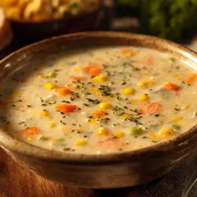 Delicious bowl of copycat Dolly Parton's Stampede Soup served with fresh herbs.