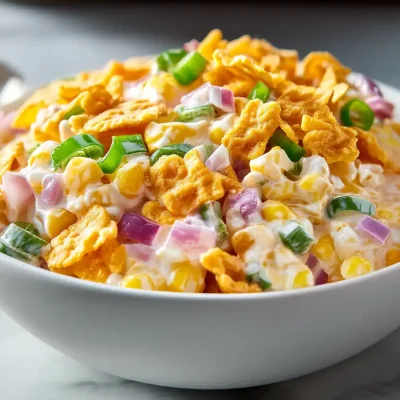 Corn salad Paula Deen with cheddar, peppers, and chili cheese Fritos in a white bowl