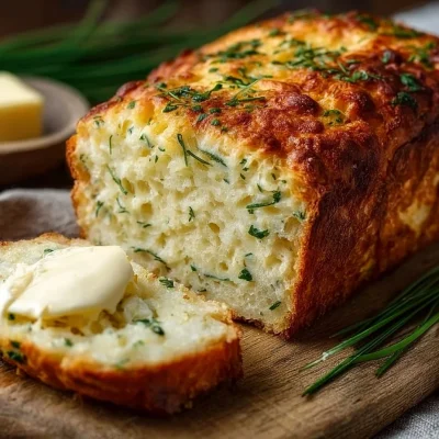 Loaf of homemade cottage cheese bread on a wooden cutting board
