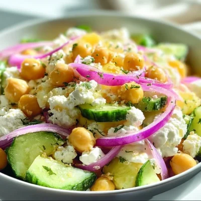 A colorful Cottage Cheese Chickpea Salad Bowl with fresh vegetables and herbs.