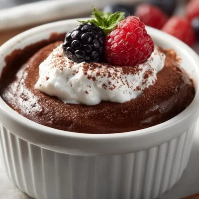 Cottage Cheese Chocolate Dessert topped with dark chocolate shavings and berries