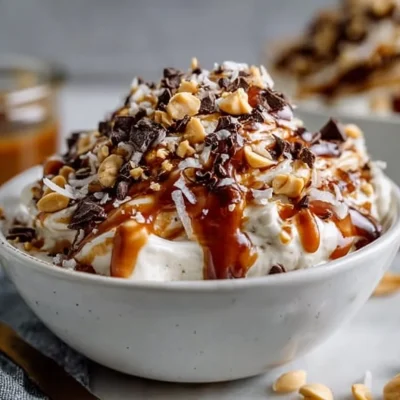 Cottage Cheese Snickers Bowl high-protein dessert in a bowl