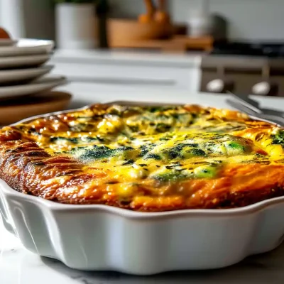 golden cottage cheese and spinach crustless quiche in a white dish