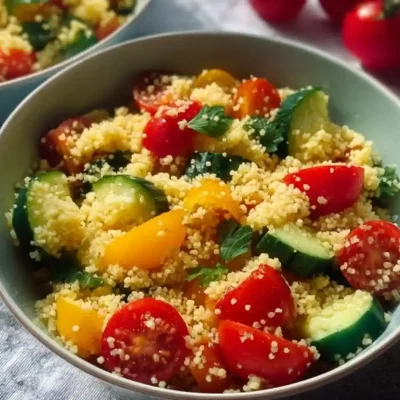 Colorful couscous salad with fresh vegetables and herbs in a bowl