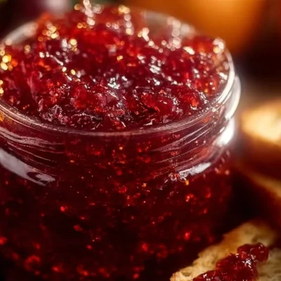 A jar of homemade Cranberry Orange Marmalade on a wooden table.