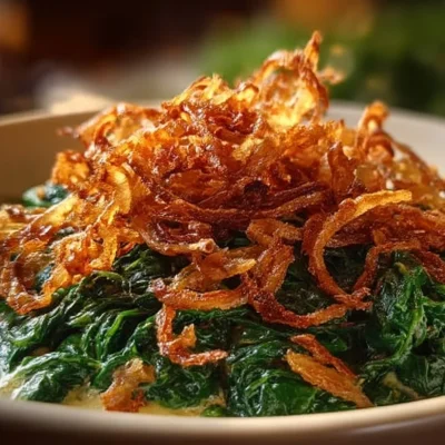 Creamed spinach topped with fried shallots in a serving dish