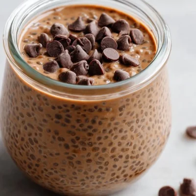 Creamy coffee chia pudding served in a bowl with coffee beans and chia seeds