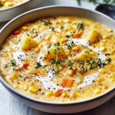 Bowl of creamy corn and potato soup garnished with herbs