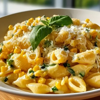 Creamy Corn Pasta dish served in a bowl with herbs and cheese on top.