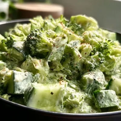 Creamy cucumber avocado broccoli salad in a bowl