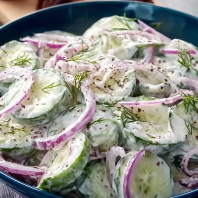 Creamy cucumber salad in a bowl with fresh herbs and seasoning