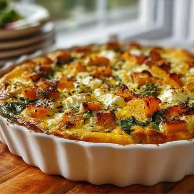 Creamy feta squash frittata served on a plate with fresh herbs.