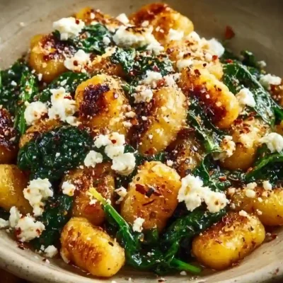 Creamy gnocchi with spinach and feta in a bowl garnished with herbs.