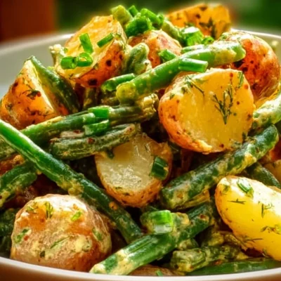 Creamy green bean potato salad dish with fresh ingredients