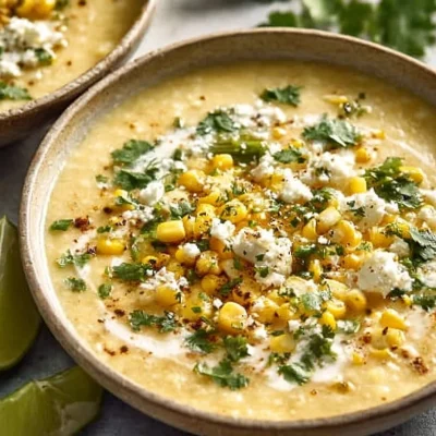 Bowl of creamy Mexican Street Corn Soup garnished with cilantro and lime.