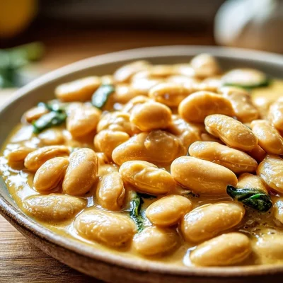 Creamy miso butter beans recipe served in a bowl with garnish