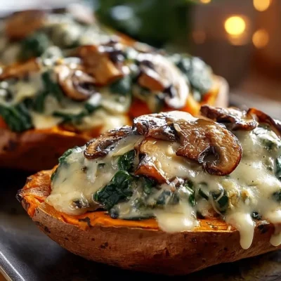 Creamy mushroom stuffed sweet potatoes recipe plated and ready to serve.