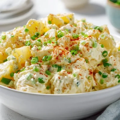 Creamy potato salad with herbs and vegetables in a bowl