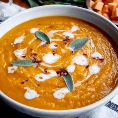 Creamy Pumpkin and Sweet Potato Soup topped with fresh sage, chili flakes, and coconut cream swirl