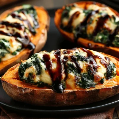 Creamy ricotta and spinach stuffed sweet potatoes with balsamic cranberry glaze
